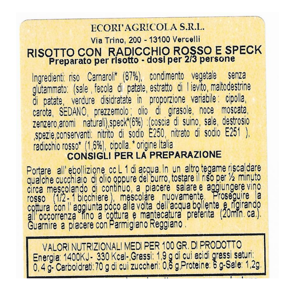 Risottino 300 gr Radicchio rosso e speck Riso Carnaroli Classico